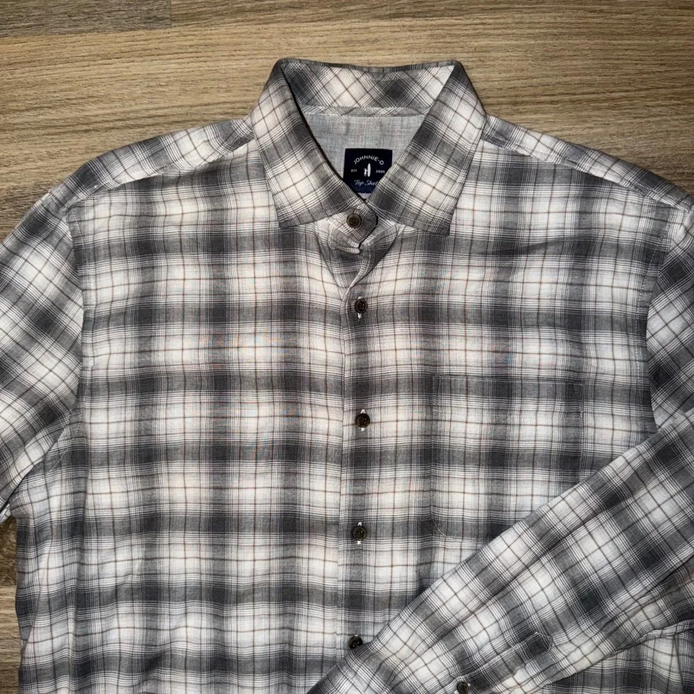 Johnnie-O Plaid Button Down Shirt Gray Brown Cotton Long Sleeve Mens‎ Large